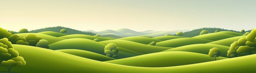 Obraz premium A serene landscape featuring rolling green hills under a soft, pastel sky, evoking a sense of tranquility and nature's beauty.