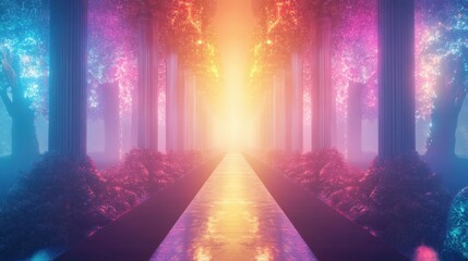 Symmetrical neon-lit pathway with vibrant glowing lights and digital mist, perfect for a futuristic sci-fi background.