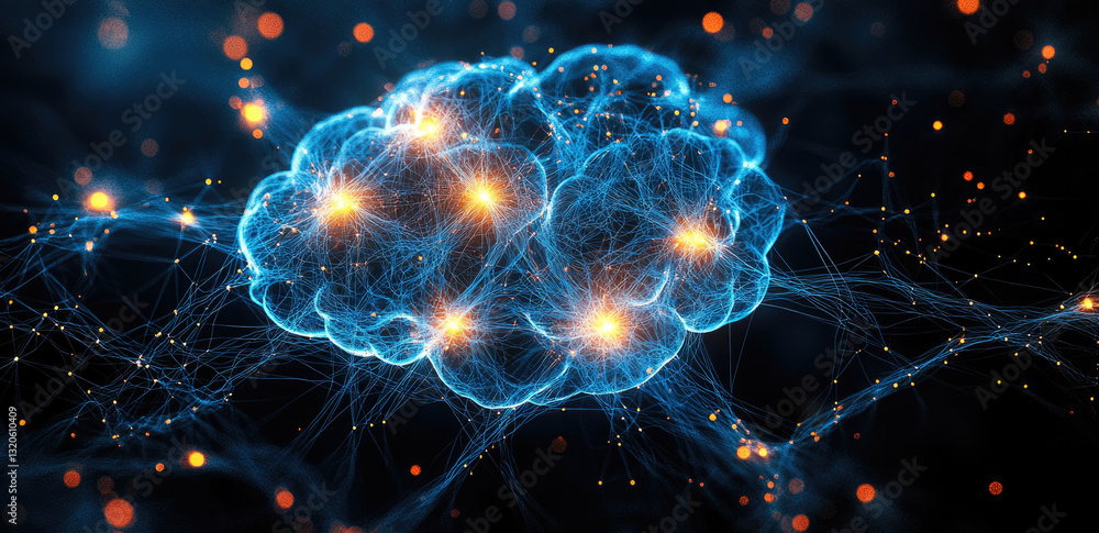 Poster glowing abstract representation of brain with interconnected neural networks and bright nodes, symbolizing intelligence and technology