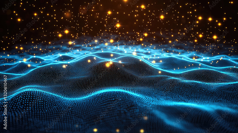 Fototapete mesmerizing abstract landscape featuring glowing blue waves and sparkling golden particles, creating