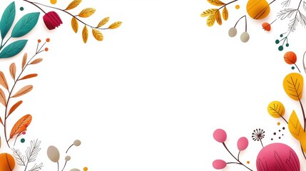 Fototapeta premium A vibrant, decorative border featuring colorful leaves and floral elements, perfect for framing text or images against a white background.