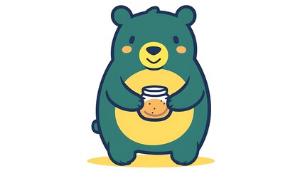 Obraz premium A friendly cartoon bear character outlined in green and yellow lines, holding a honey jar while smiling happily, drawn in a colorful line drawing style on a clean white background, 8k UHD, suitable 
