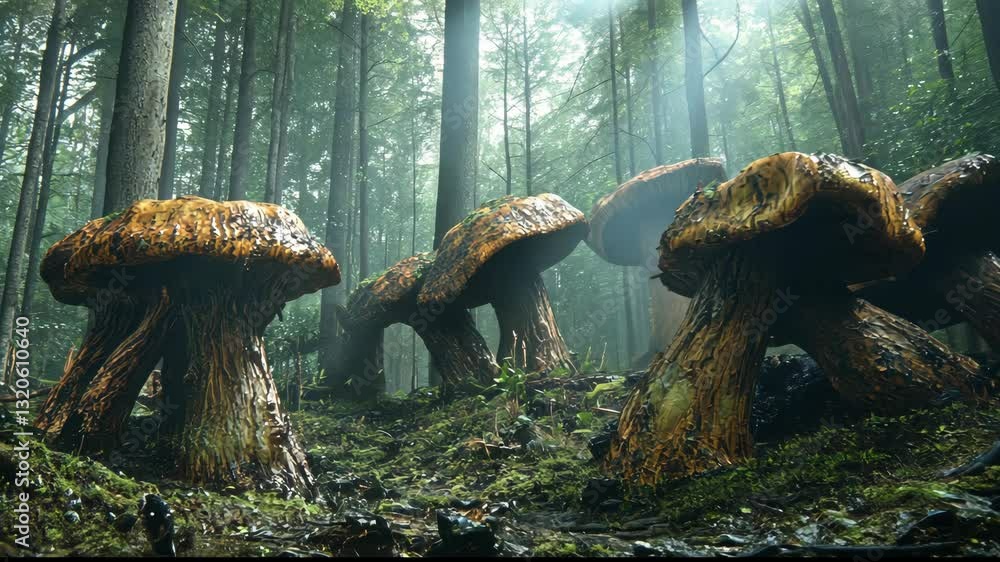 Poster mushrooms thrive in a dense forest illuminated by sunlight filtering through tall trees during early