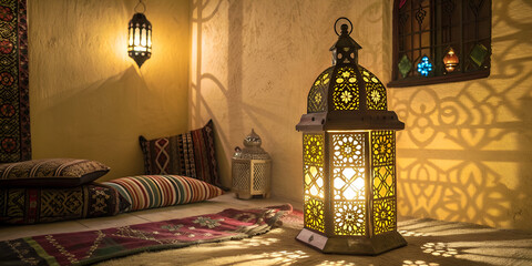 A Moroccan lantern glowing warmly in a festive setting, casting intricate shadows, symbolizing Eid celebrations and Islamic traditions.