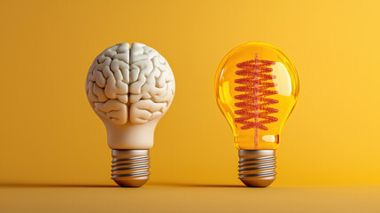 Conceptual illustration of a light bulb representing ideas alongside a human brain signifying intelligence and innovation