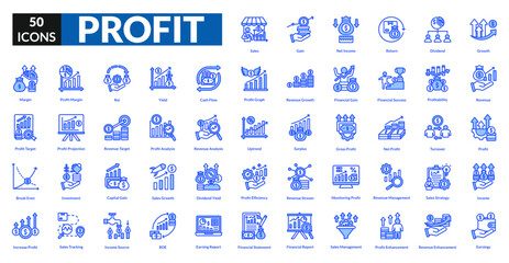 Profit blue icon collection set. Includes growth, revenue, income, success, gain, sales, investment, earnings, finance, wealth, chart, increase, money, value, market