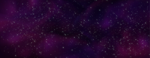 Outer space background with purple nebula and dense field of stars. White sparkle patterns on cosmic expanse. Deep universe starry texture for astronomy presentation or magical night sky illustration