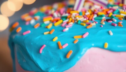 Colorful birthday cake decoration with sprinkles home kitchen food photography bright atmosphere close-up celebration concept