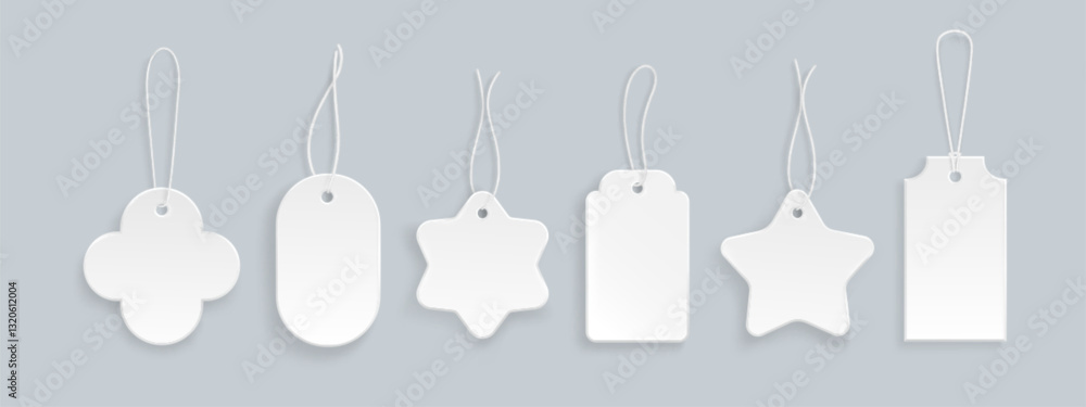 Poster blank white gift tags with string loops on gray background. different shaped labels - rounded rectan