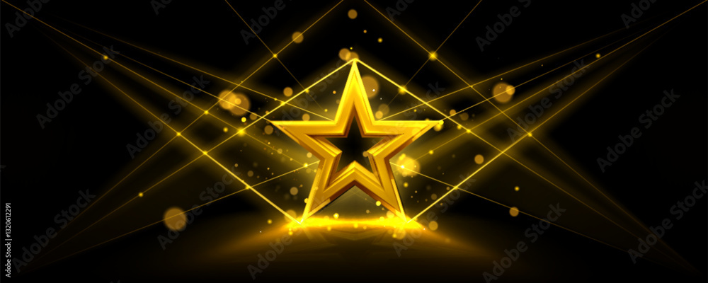 Poster gold 3d star on black background with glowing light rays and bokeh particles. award symbol surrounde