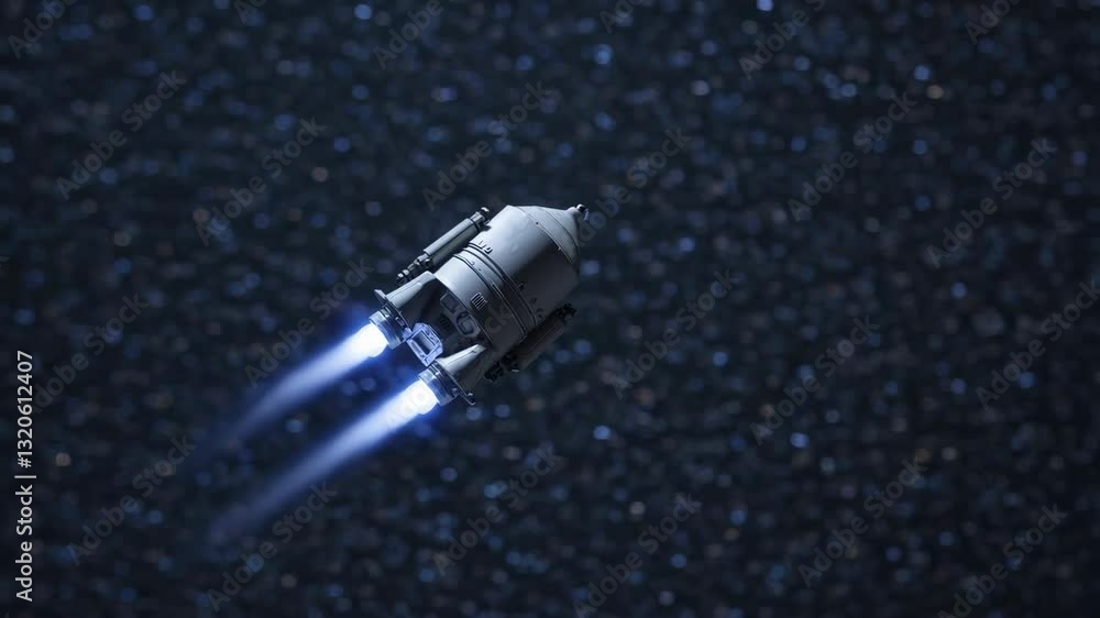 Poster spaceship navigates through starry universe with glowing trails in motion