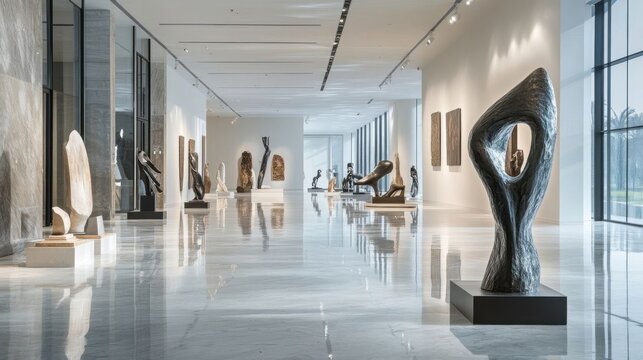 A spacious gallery showcasing modern sculptures.