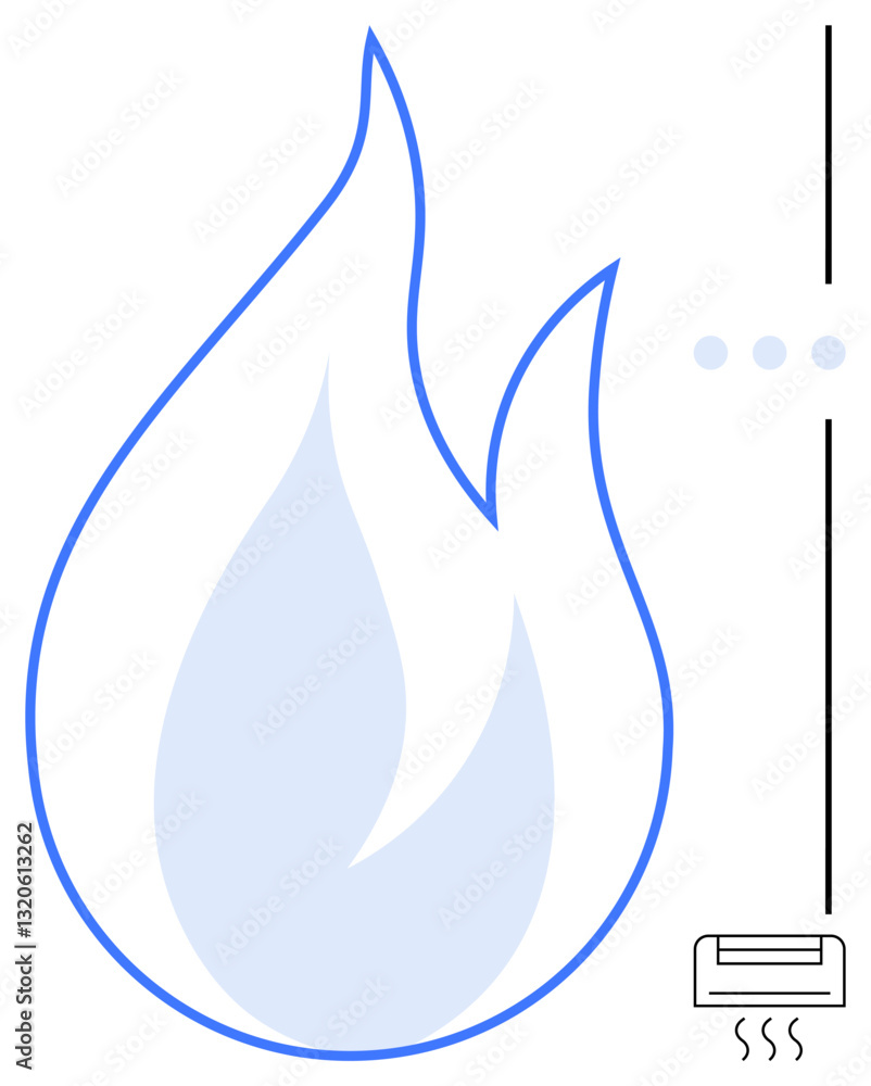 Poster large stylized flame next to minimalistic thermostat control slider and heating unit with heat waves