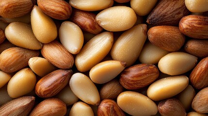 Obraz premium Close-up of a pile of almonds. the almonds are of different sizes and colors, with some being light brown and others being darker brown.