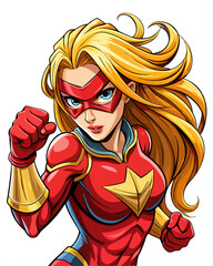 Pop art comic book style super heroine punching with female superhero costume poster design wall decoration illustration on a white background