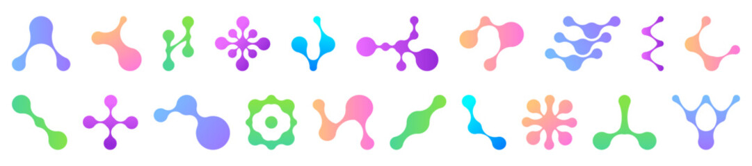 Colorful metaball shapes collection with gradient elements. Connected organic structures. Various molecular like patterns from simple curves to complex designs for digital interface projects.