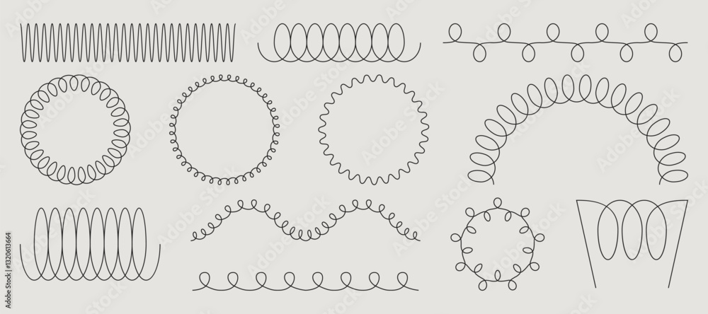 Poster spring coil shapes - zigzag lines, spiral circles, curved loops. minimal black outline patterns show