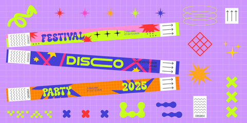 Neon bracelet tickets on purple grid for party events. Pink festival pass, blue disco wristband, orange 2025 entry band. Decorated with stars, wavy patterns. Retro design for nightclub admission.
