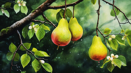 Pear tree with green leaves and ripe yellow fruits