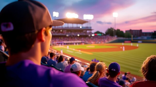 Captured from a distant upper-level seat, baseball players in action, colorful crowd cheering, field glowing under floodlights, perfect clarity, dynamic composition