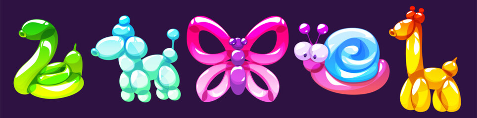 Balloon animal set - colorful shiny vector illustrations of inflatable toy figures. Cute cartoon snake and dog, butterfly, snail and giraffe designs. Vibrant color pack for kids party decoration.