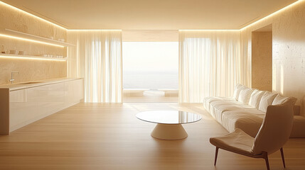 Fototapeta premium modern living room with minimalist design, featuring white sofa, round coffee table, and large windows overlooking ocean. space is bright and airy