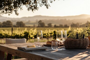 relaxed afternoon at napa valley vineyard wooden table set with wine glasses fresh cheese and rustic bread basket