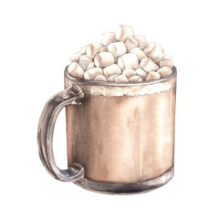 Glass mug with cocoa and milk, decorated with small white marshmallows on top. Watercolor illustration of the drink is suitable for cocoa packaging design, menu design and dessert-themed projects