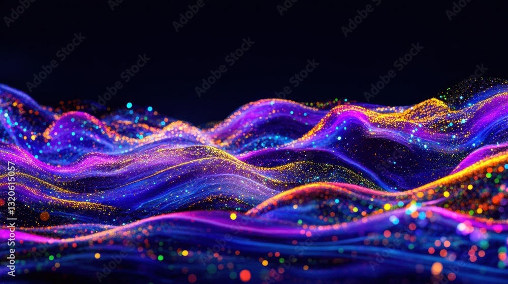 Poster vibrant abstract waves in neon colors, pulsating with sparkling lights against a deep black backgrou