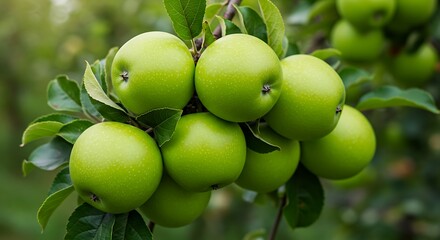A close-up of bright green apples hanging from a tree branch, ready for harvest.