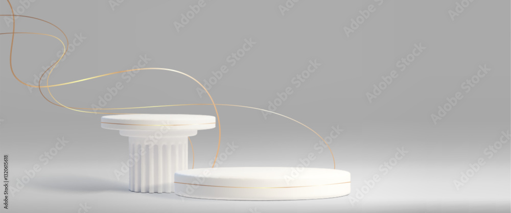 Poster gold delicate lines, white marble podiums on gray background - classical column stand with modern ci