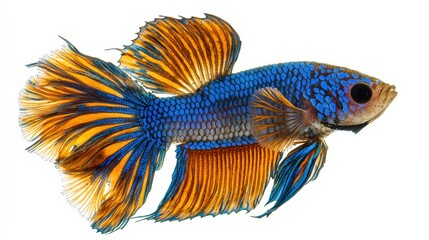 Fototapeta premium Striking portrait of a blue and orange betta fish with unique patterns and fins captured in realistic photography