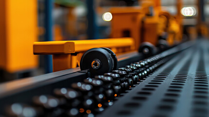 Obraz premium Functional conveyor system featuring roller mechanism captured in realistic photography for industrial applications