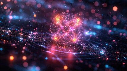 Fototapeta premium Quantum particle physics background with neon-tinted atom trails, wave-particle interactions, and holographic subatomic structures