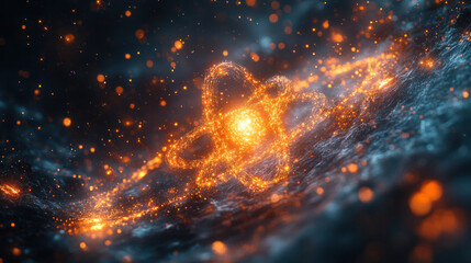 Fototapeta premium Quantum science fiction concept featuring glowing energy waves, floating atomic particles, and deep-space physics-inspired cosmic visuals