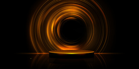 Glowing golden round podium on black background - luxury stage for product presentation, award ceremony. Shining neon circles, bright lights with reflections. Elegant 3d realistic pedestal platform.
