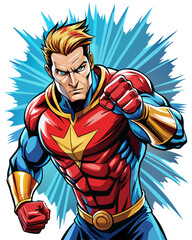 Pop art comic book style super hero punching with male superhero costume poster design wall decoration illustration