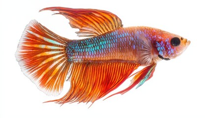 Fototapeta premium Striking siamese fighting fish displaying vibrant colors in a futuristic setting isolated on a clean white background