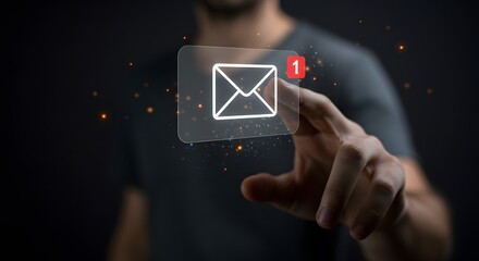 A person interacting with a floating digital interface showing a new email notification symbol, New email notification interaction concept. a concept for online communication. E-mail marketing