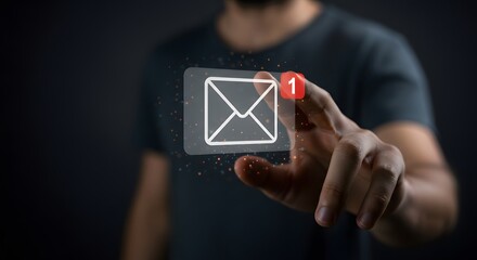 A person interacting with a floating digital interface showing a new email notification symbol, New email notification interaction concept. a concept for online communication. E-mail marketing