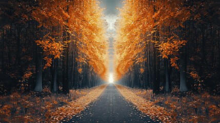 A symmetrical forest road covered with golden autumn leaves