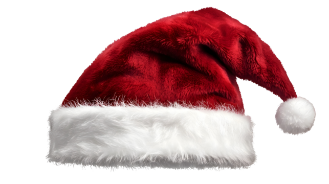 Vibrant red Santa Claus hat with a soft luxurious fur trim and a fluffy white pompom showcasing natural folds in the fabric and a texture isolated on a transparent background