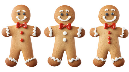 Assortment of Gingerbread Christmas Cookies Shaped Like Humans Carefully Decorated with Icing Details Gumdrop Buttons and a Lightly Baked Texture Placed on a Transparent Background