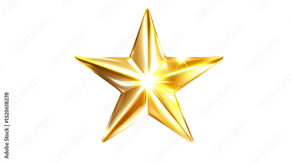 Poster rendering of a shimmering golden star with a smooth reflective metallic finish and lighting and shad