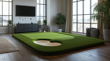 Indoor golf setup featuring advanced putting mats, adjustable tees, and a compact golf simulator, bright artificial lighting, urban vibe