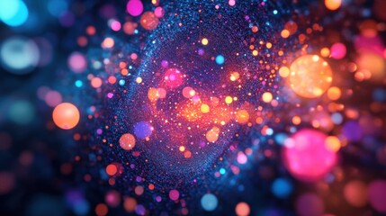 Vivid neon particles floating in a futuristic corridor, creating a mesmerizing abstract space with high-tech aesthetics.