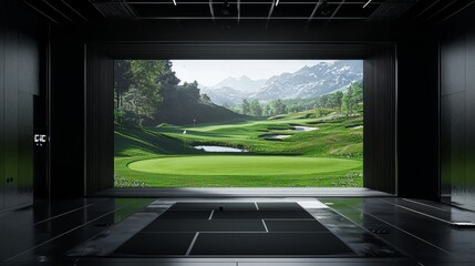 Indoor golf simulation room with a high-resolution virtual reality projector, immersive green landscape display, modern black and white interior design