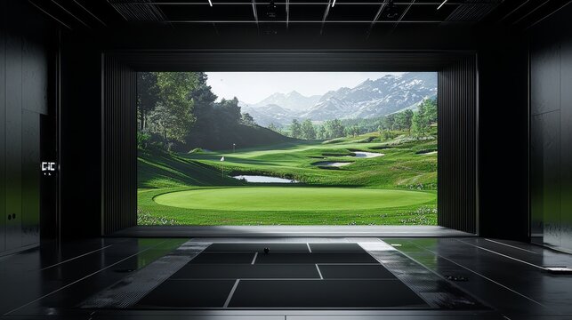 Indoor golf simulation room with a high-resolution virtual reality projector, immersive green landscape display, modern black and white interior design