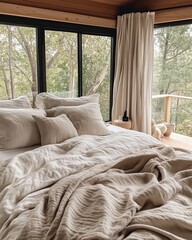 Fototapeta premium Minimalism Eco-friendly lifestyle Cozy bedroom with natural light and soft textiles. Serene Minimalist Bedroom