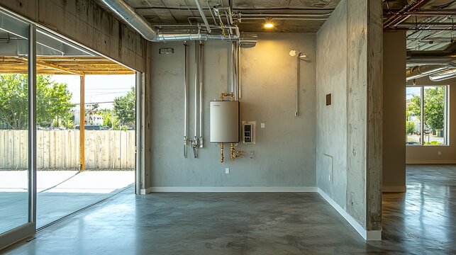 Industrial-style corner of a house with a modern tankless water heater mounted on the wall, metal pipes exposed, clean and minimalist design, soft natural light